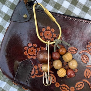 Bag Charm Keychain with Wood Beads and Suede Cord, Customizable and Handmade with Gold Carabiner + Accents, Gifts and Party Favors