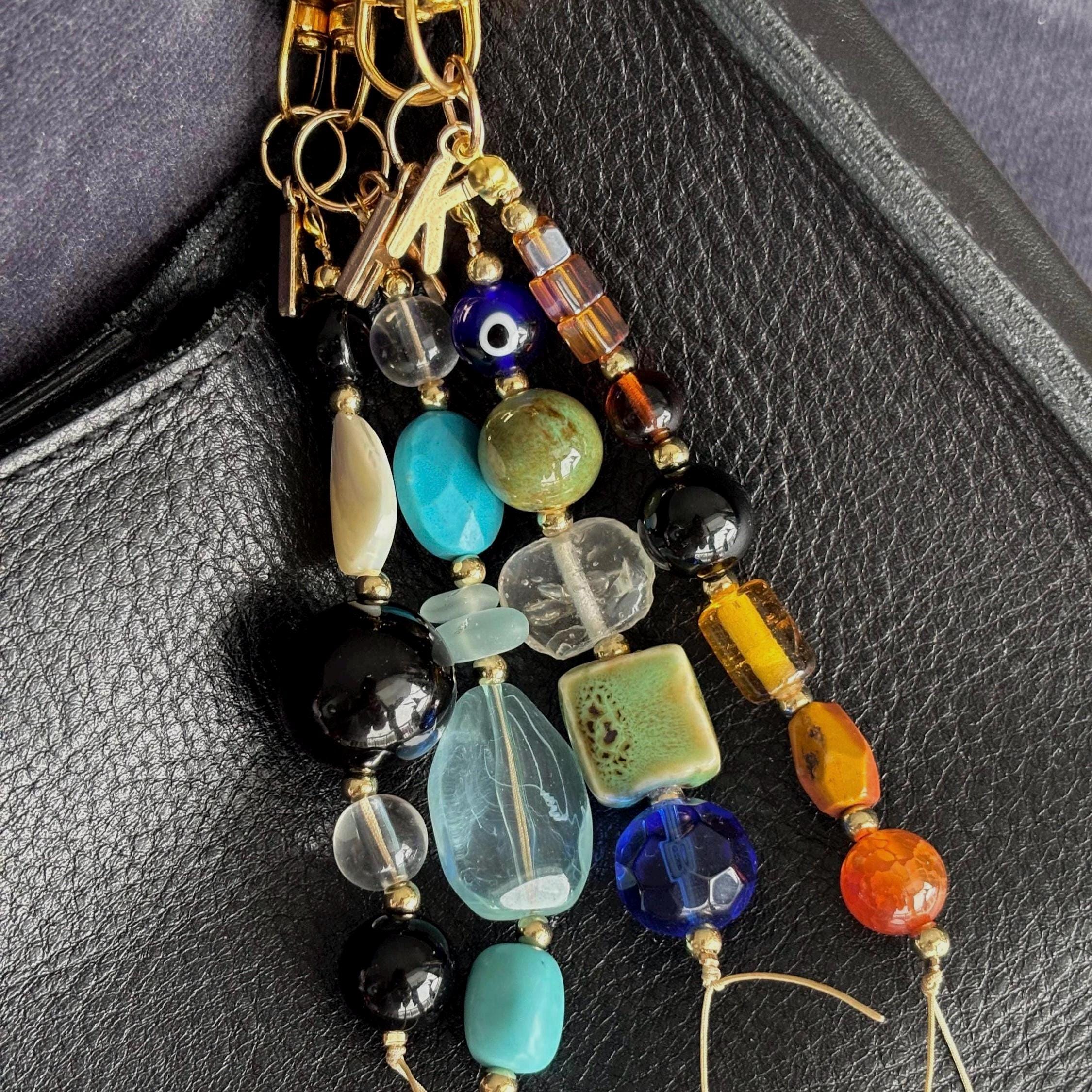 Bag Charm Keychains with Customizable Gold Letters and Vibrant Glass + Ceramic Beads, Handmade and Perfect for Purse Gifts & Favors