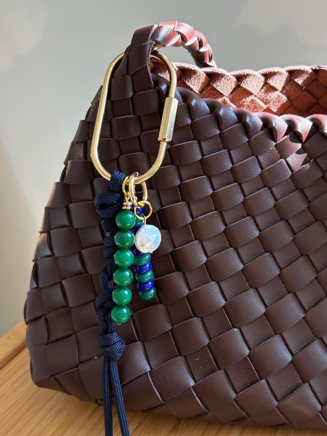 Bag Charm Keychains With Glass Beads + Pearl Charm, Gold Fixtures, and ...