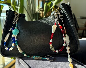 Bag Charm Keychains with Freshwater Pearls and Vibrant Glass Beads, Handmade and Customizable Style & Length with Silver, Gifts for Purses