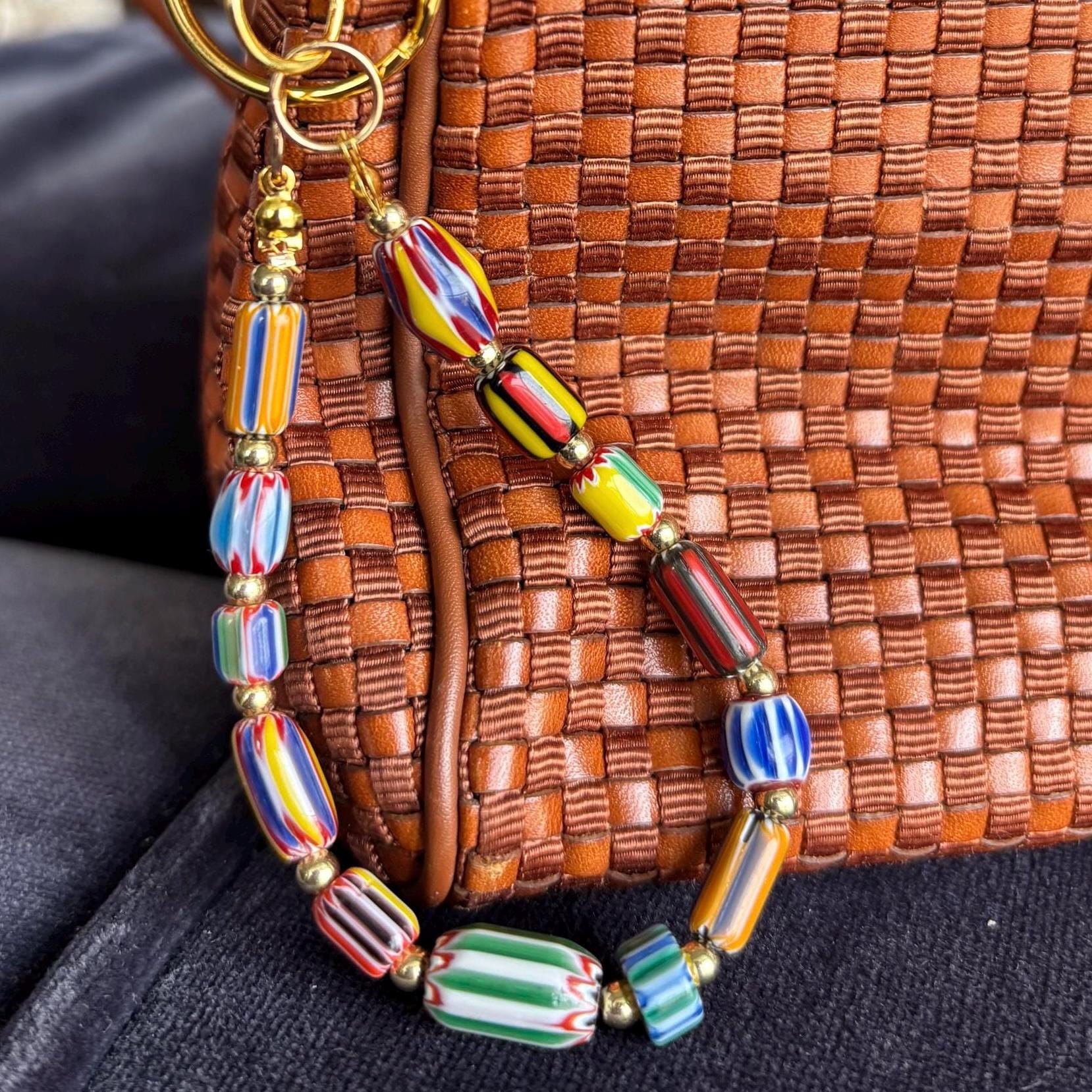Bag Charm Keychains With Colorful Patterned Beads and Gold Accents ...