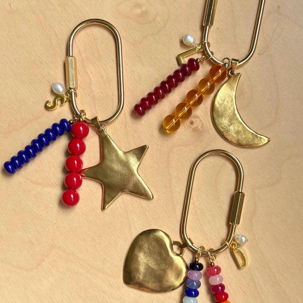Bag Charm Keychains with Chunky Charms, Customizable Letters, Vibrant Glass Beads and Pearls, Handmade and Perfect for Purse Gifts & Favors