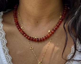 Burnt Orange Beaded Necklace with Tarnish Resistant Gold Accents | Toggle Clasp Closure and Donut Rondelle Glass Beads | 17” + Customizable