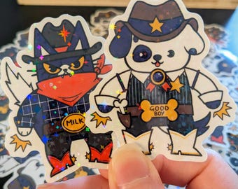 Cowboy Cat and Sheriff Dog Stickers: Kawaii Puppy + Kitty Holographic Stickers