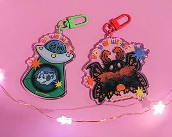 Cute Cryptids Keychains || Mothman and Alien Charms || Kawaii Crytidcore Weirdcore Halloween Accessories