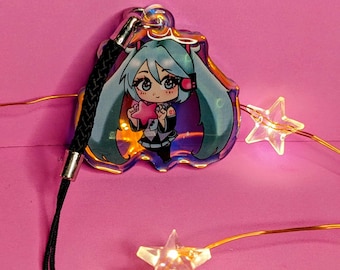 Hatsune Miku Vocaloid rainbow acrylic phone charm + black phone strap