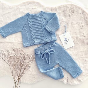 Neugeborenen Baby Jungen 0-3 Monate hand gestrickter Pullover und Hose Wolle Outfit