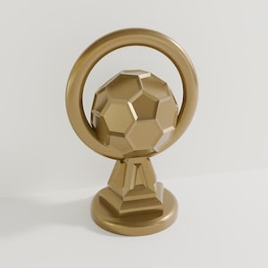May include: A gold trophy with a soccer ball design. The trophy has a circular base and a ring around the top.