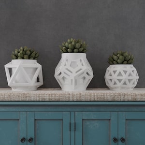 May include: Three white geometric planters with green succulents. The planters are different sizes and shapes, with a variety of cut-out designs. They sit on a neutral-colored surface against a gray background, above a teal cabinet.