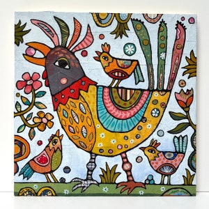 Folk art chickens original painting 30cm x 30cm