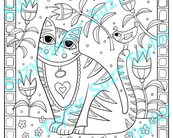 Cat and bird printable colouring page