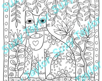 Folk art cat colouring in