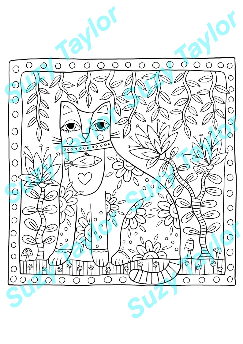 Folk art cat colouring page