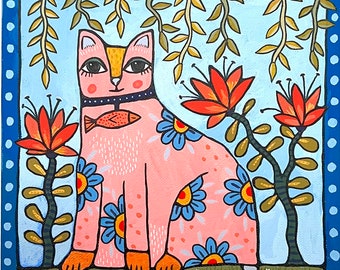 Cat in garden painting. 8x8 inches