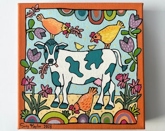 Cow and chickens original painting