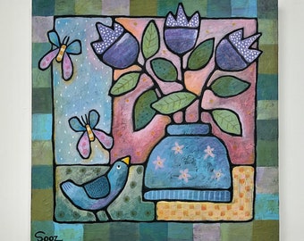 Still life with bird original painting 30cm x 30cm