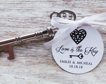 Vintage Key Bottle Opener Favor: Silver Wedding/Shower with Personalized Tag