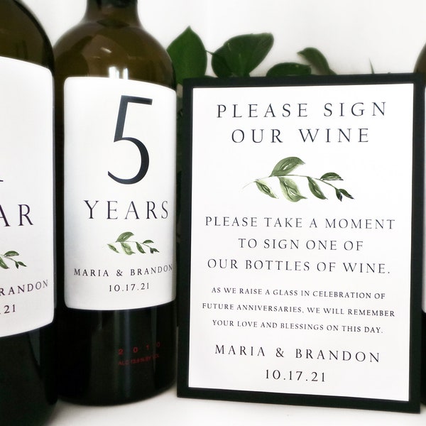 Guest Book Anniversary Wine Labels 4+ labels, 1 instructional sign..choose your colors and numbers...Simple Greenery