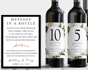 Anniversary Wine Labels: Rose Gold Greenery Guest Book Alternative