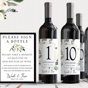 Vintage White Roses Anniversary Wine Labels: Guest Book Alternative