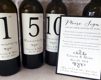 Guest Book Anniversary Wine Labels 4+ labels, 1 instructional sign..choose your colors and numbers