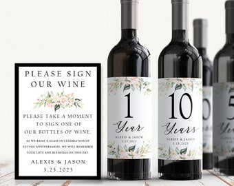 Anniversary Wine Bottle Guest Book Labels: Botanical Wedding Decor