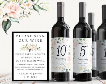 Botanical Anniversary Wine Labels: Guest Book Alternative + Sign