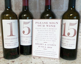 Guest Book Anniversary Wine Labels 4+ labels, 1 instructional sign..choose your colors and numbers