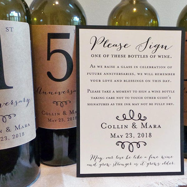 Guest Book Anniversary Wine Labels 4+ labels, 1 instructional sign..choose your colors and numbers