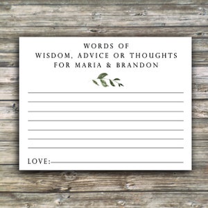 Message in a Bottle PRINTED Notes...Words of Wisdom for Bride and Groom, Shower Advice....Simple Greenery