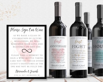 Guest Book Anniversary Wine Labels.... 6 Labels, 1 instructional sign.. Milestone Labels