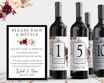 Guest Book Anniversary Wine Labels 4+ labels, 1 instructional sign..choose your colors and numbers....Vintage Floral