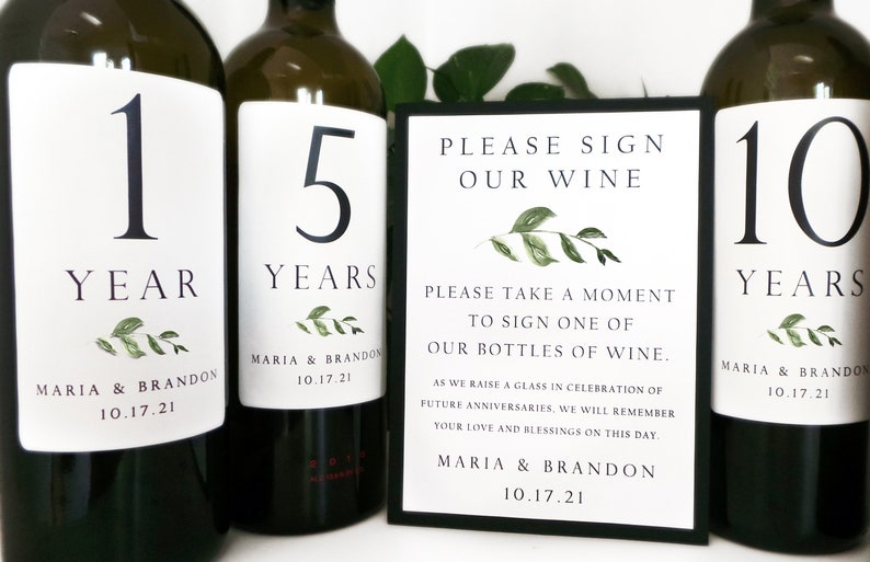 Guest Book Anniversary Wine Labels 4 labels, 1 instructional sign..choose your colors and numbers...Simple Greenery image 1