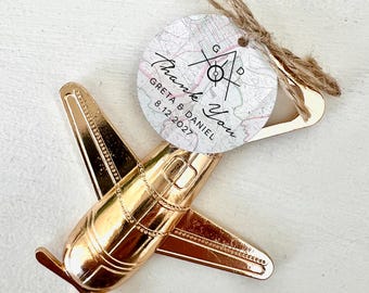 Airplane Bottle Opener Favor: Personalized Tag, Travel Wedding (25qty+)