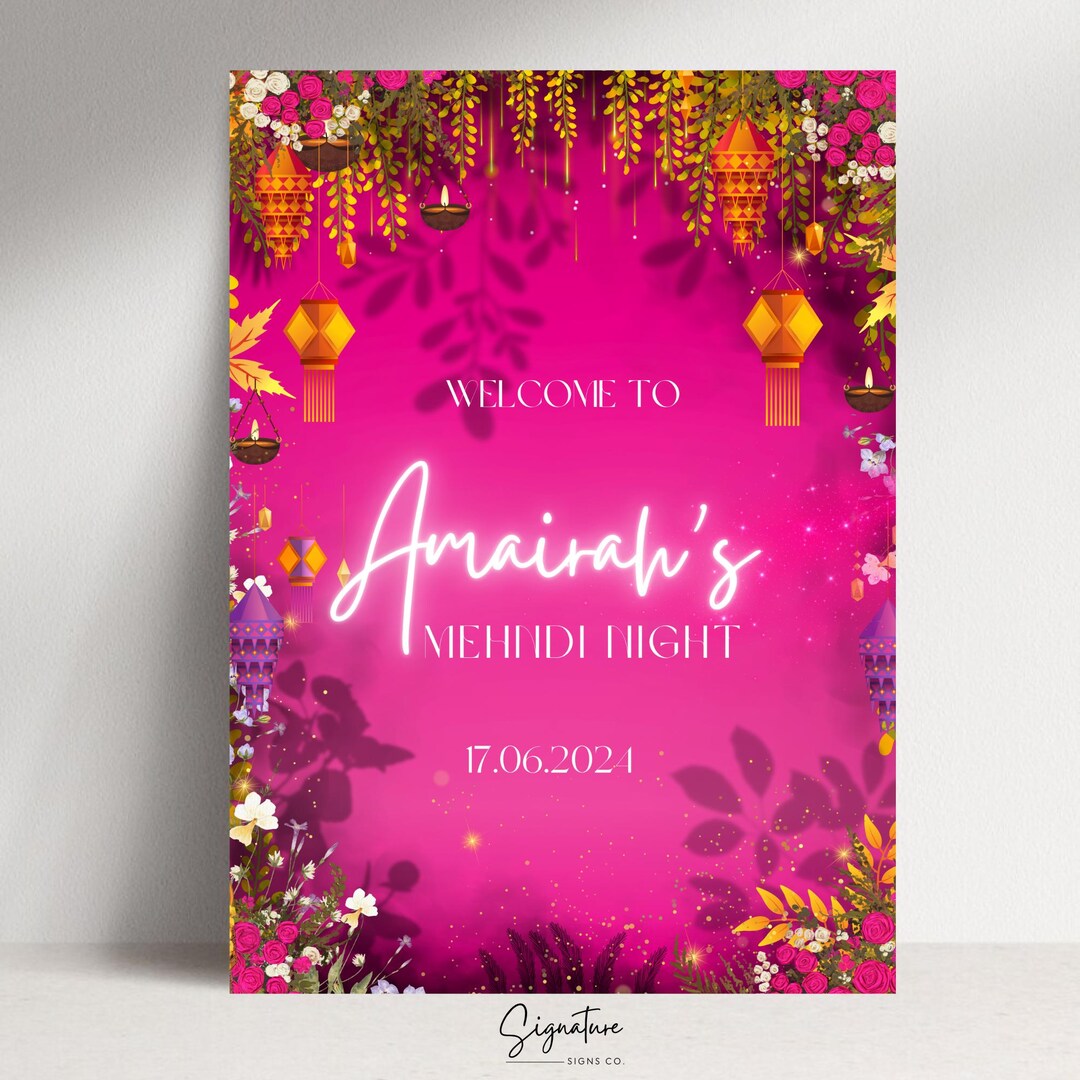 floral-mehndi-welcome-sign-hot-pink-henna-night-decor-customizable
