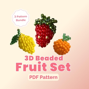 Zestaw wzorów z koralikowymi owocami | Truskawka, pomarańcza, cytryna | Samouczek ściegu peyote w formacie PDF | Natychmiastowe pobranie