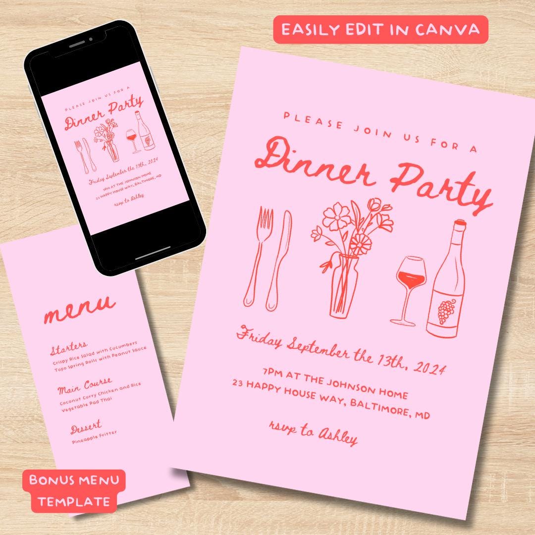 Editable Dinner Party Invite Template and Bonus Menu Template Canva ...