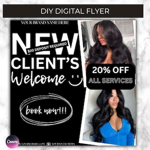 New Clients Booking Flyer, Book Now Flyer, New Client Wanted Specials Flyer, Makeup, Hair, Lashes, Nails, DIY Canva Template