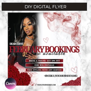 February Booking Flyer, Valentines Day Booking Flyer, Holiday Deals Flyer, Makeup, Hair, Lashes, Nails, DIY Canva Template