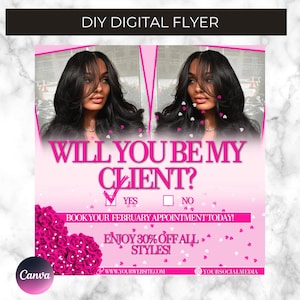 February Booking Flyer, Valentines Day Booking Flyer, Holiday Deals Flyer, Makeup, Hair, Lashes, Nails, DIY Canva Template