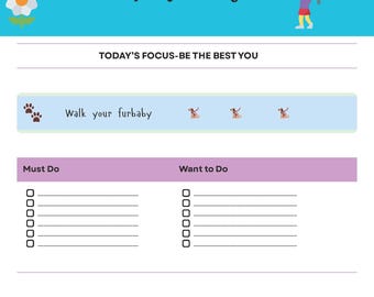 May include: A printable daily planner with a blue and green colour scheme. The planner has a section for "Must Do" and "Want to Do" tasks. It also includes a section for tracking activities like yoga, weights, and cardio.