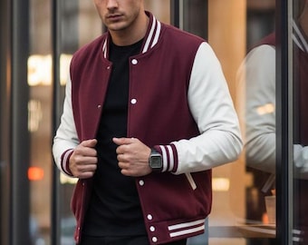 Chaqueta universitaria granate para hombre con mangas de cuero, estilo bomber de béisbol de mezcla de lana, estilo universitario.