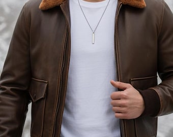 Chaqueta bomber de cuero con cuello de piel A2 hecha a mano para hombre • Chaqueta de vuelo vintage desgastada • Piel de oveja marrón