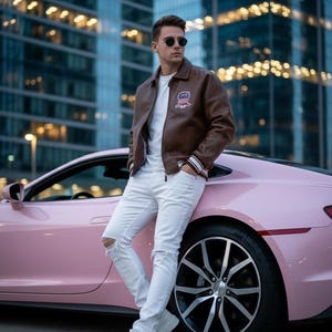 Puede incluir: Chaqueta de cuero marr&oacute;n, camiseta blanca y vaqueros blancos rotos. La persona est&aacute; apoyada en un coche rosa con llantas negras y plateadas. La chaqueta tiene un parche en el pecho.