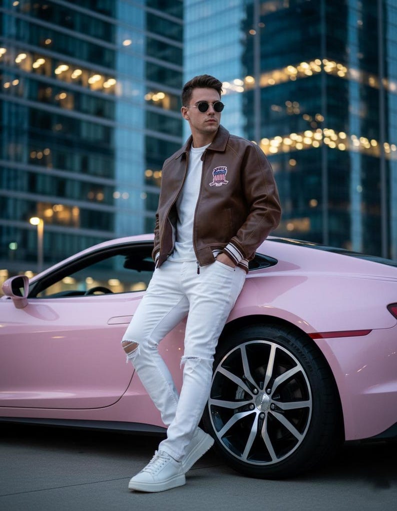 Puede incluir: Chaqueta de cuero marr&oacute;n, camiseta blanca y vaqueros blancos rotos. La persona est&aacute; apoyada en un coche rosa con llantas negras y plateadas. La chaqueta tiene un parche en el pecho.
