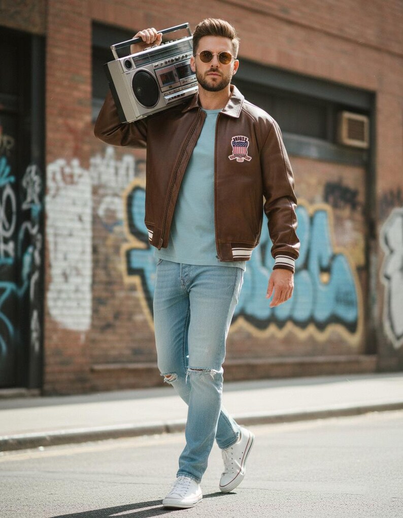 Chaqueta bomber de cuero Avirex marrón: auténtica piel de oveja, inspiración vintage, estilo motero hecho a mano. imagen 5