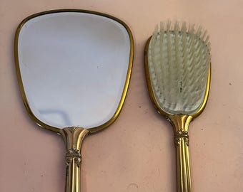 Vtg Floral Upholstered Brush & Mirror Set Brass Vanity Hairbrush Mirror w/ Ornate Gold Fabric Backing