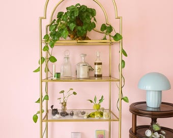 Vintage Brass Etagere Shelf, Hollywood Regency Furniture, Glass Shelves for Living Room Decor