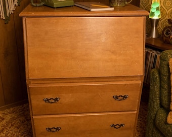 Biurko w stylu vintage z drewna z sekretarzykiem, biurko w stylu mid-century, małe biurko do domowego gabinetu, biurko do sypialni, meble do pokoju