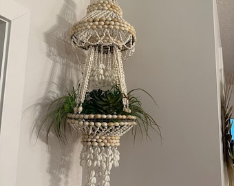 Cowrie Shells, Hanging Planter, Shell Planter, Shell Plant Hanger, 1970s Decor, Boho Decor, Sea Shell Decor.